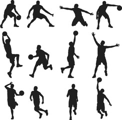 Basketball player silhouettes collection with dribbling shooting jumping and dunk action poses isolated on white background for design use © SreeRupali