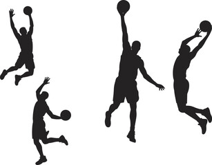 Basketball player silhouettes set with jumping dunk and shooting action poses isolated on white background for sports design © SreeRupali