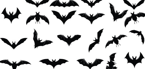 Fototapeta premium Bat silhouette collection with flying black bats isolated on white background for Halloween design and decoration