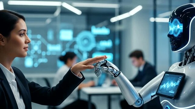 Woman Interacting with Robot in Modern Office Space