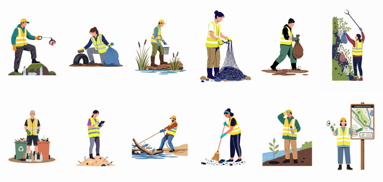 Illustration set of environmental volunteers and workers performing various cleanup and restoration tasks like trash collection, recycling, and habitat protection.