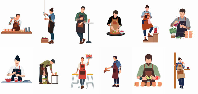 Diverse collection of professional bartenders with tattoos preparing and serving craft cocktails, flat vector illustration set isolated on white.