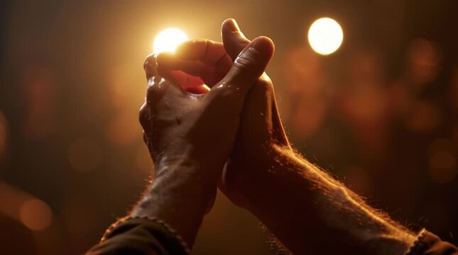 Two hands reach heavenward bathed in a warm, ethereal glow.