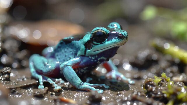 A vivid blue poison dart frog rests on wet forest floor in nature.