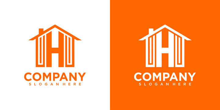 Two logos of a company with letter H and building are shown side by side on white and orange backgrounds with slogans.