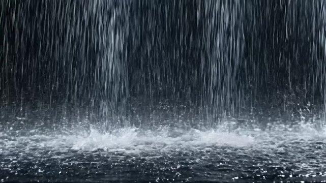 Heavy rain falls hard and creates splashes in front of the camera at an outdoor location