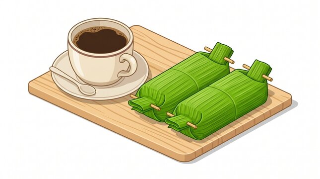 Isometric vector illustration of a coffee cup beside two traditional Indonesian Lemper sticky rice rolls wrapped in banana leaves, isolated on white.