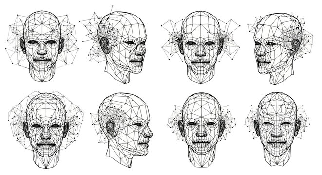 Set of 3d wireframe human heads with digital network nodes