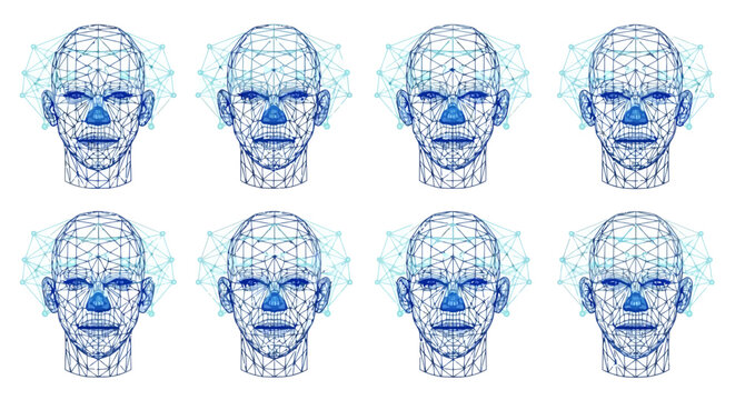 Set of 3d wireframe human head models with different facial expressions