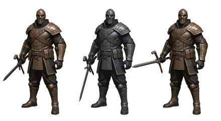 Obraz premium Concept art of a fantasy armored warrior character in three different color variations holding a sword