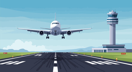 Passenger airplane landing on airport runway with control tower in background, vector illustration © Best Design_Academy