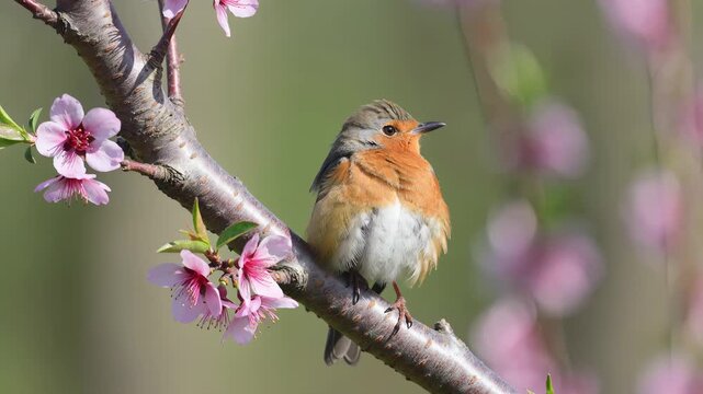 European robin bird perched on a blooming peach tree branch in spring