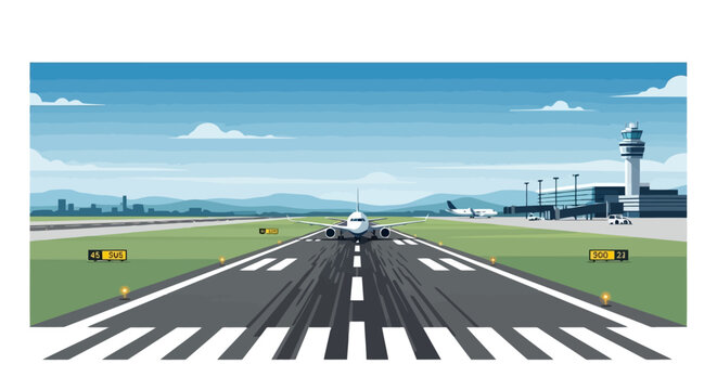 Airplane taking off from the runway at the airport with a control tower in the background, vector illustration