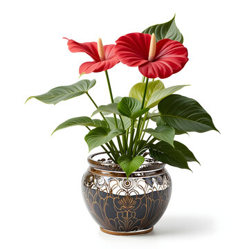 Two red anthurium flowers in a Icon black patterned pot on white background flamingo flower laceleaf isolated on a transparent background