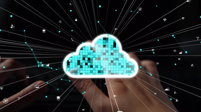 This image captures the essence of digital cloud computing, showcasing hands engaging with a cloud symbol surrounded by connectivity icons, emphasizing technology and innovation. Xenic