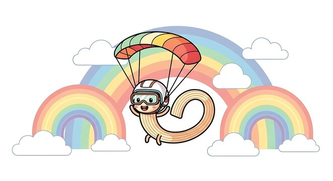 A cartoon character resembling pasta enjoys a vibrant skydiving experience, complete with a rainbow and clouds. The design is playful and child-friendly