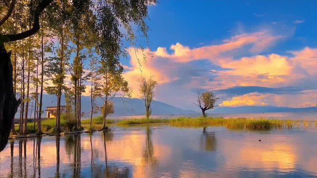Peaceful lake with trees and mountains at sunset
