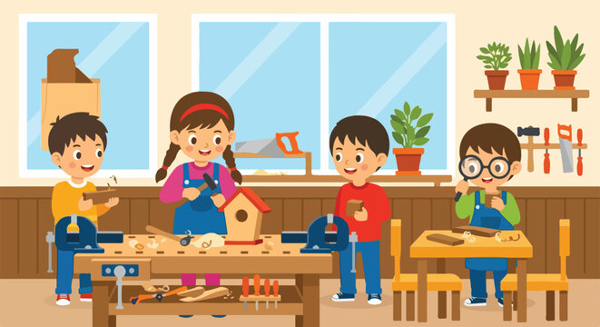 Four children are joyfully engaged in various woodworking activities within a bright and well-equipped classroom workshop setting.