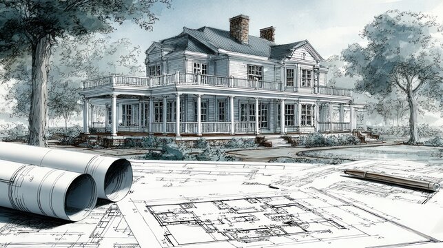 Architectural rendering of a grand residential estate with blueprints and drafting tools in the