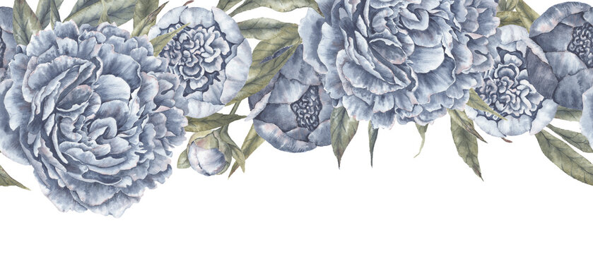 Watercolor navy blue peony flower botanical seamless border. Hand drawn garland with leaves and bud in vintage delicate style. Floral design for romantic wedding card or upper divider template.