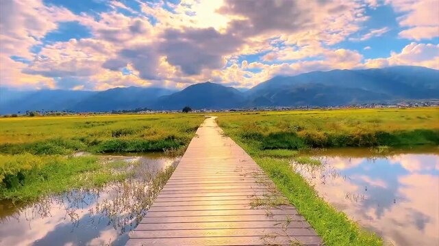 Wooden boardwalk path through wetland with mountains