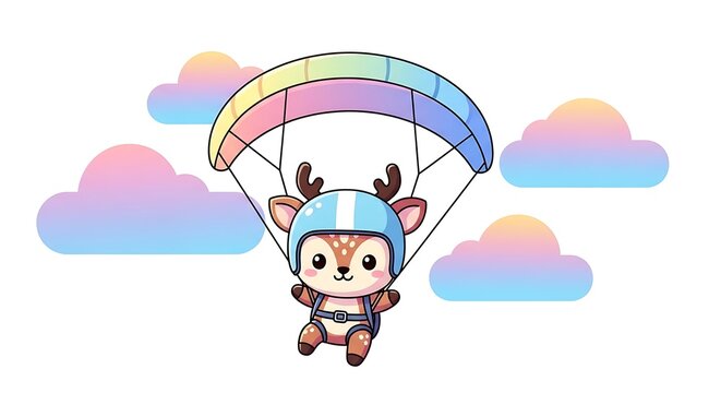 A cartoon deer with antlers wearing a blue helmet and attached to a colorful parachute floats among pastel clouds