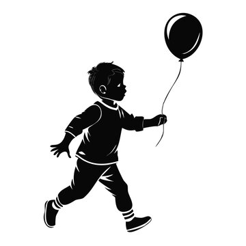 Toddler running with balloon in hand, silhouette of joyful child energetically moving forward while holding black balloon, conveying a sense of freedom and delight.