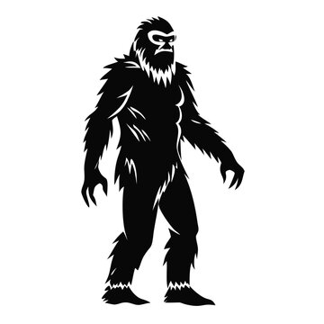 Mysterious yeti creature silhouette standing in wilderness. Yeti features large muscular build with thick fur and menacing expression.