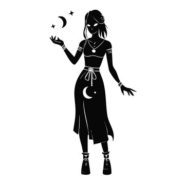 Wicca girl silhouette with moons and stars in flowing dress, embracing mystical elements, exuding magical confidence and charm. Concept wicca girl captures essence of spirituality and nature.