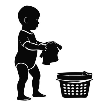 Baby beside basket of folded clothes, playing with garment and exploring. Baby engages with laundry basket filled with soft clothes, learning and discovering during playtime.