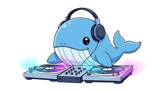 A cartoon blue cetacean with headphones and turntables, set against a white backdrop, appearing like a DJ