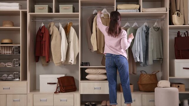 Woman hanging clothes in wardrobe at home