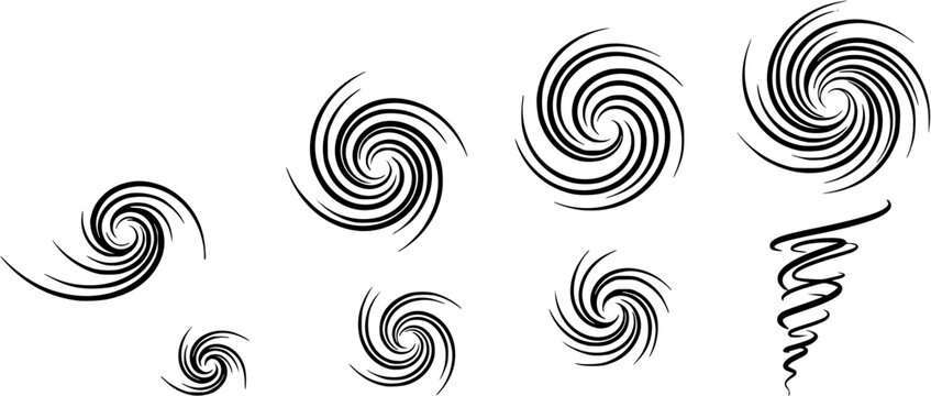 set of Dynamic swirls illustrate the evolution of a cyclone in a dramatic weather phenomenon depiction , vector set