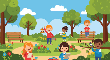 Obraz premium A group of diverse children are enjoying a sunny day in a beautiful park, engaging in activities like drawing, reading, and bird watching.
