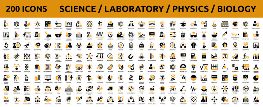200 vector icons for science and laboratory essential physics and biology concepts for education and professional graphics