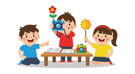 Fototapeta premium Three happy kids are engaging in a photography-themed learning activity with cameras and books around a wooden table in a vector illustration.