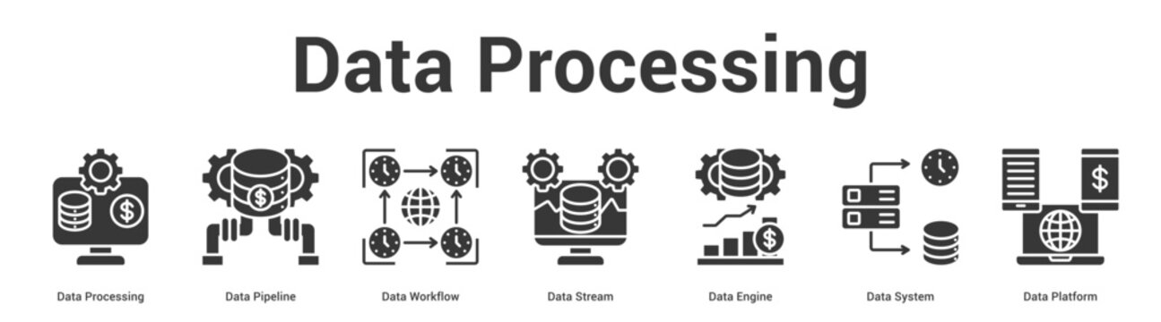 Data Processing web banner icon set vector illustration concept for business with icon of Data Processing, Data Pipeline, Data Workflow, Data Stream, Data Engine, Data Syst.