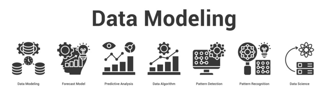 Data Modeling web banner icon set vector illustration concept for business with icon of Data Modeling, Forecast Model, Predictive Analysis, Data Algorithm, Pattern Detection, Pattern Recogniti.