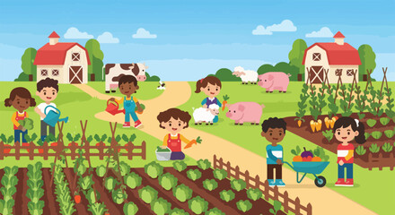 Diverse kids enjoy a sunny day on a farm, harvesting vegetables, watering plants, and feeding animals near two classic red barns in the countryside. © Hulu