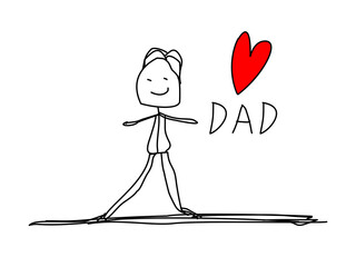Una Ilustración de un dibujo realizado a mano de un padre con la palabra padre y rodeado de un  corazón rojo en un fondo blanco para ser utilizado el día del padre