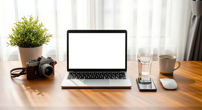 Laptop camera plant coffee glass and phone on wooden desk