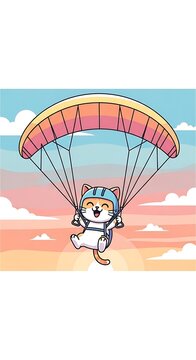A cartoon cat, smiling and wearing a helmet, joyfully parachuting through a colorful sunset sky. The parasail is bright, with soft pastel colors