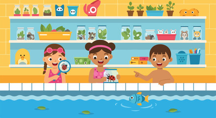 Three diverse children explore nature and science by a swimming pool, observing a ladybug and a fish with curiosity and joy. © Hulu