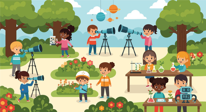 This vibrant vector shows diverse children exploring science in a park through telescopes, plant experiments, and building a robot together.