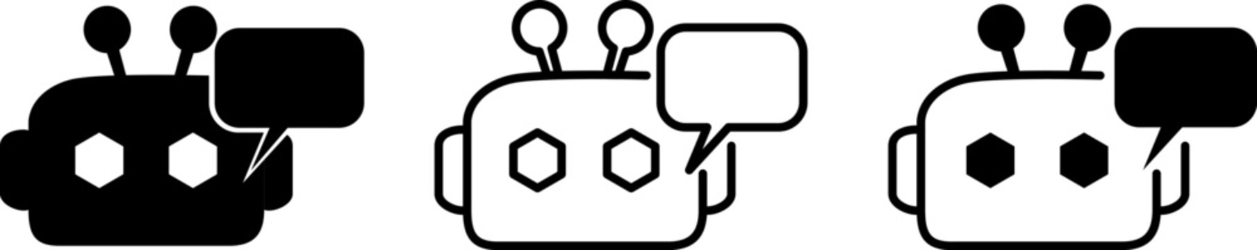 Cute robot head icon with speech bubble, artificial intelligence chatbot character in different visual styles, automated assistant avatar for customer support and technology