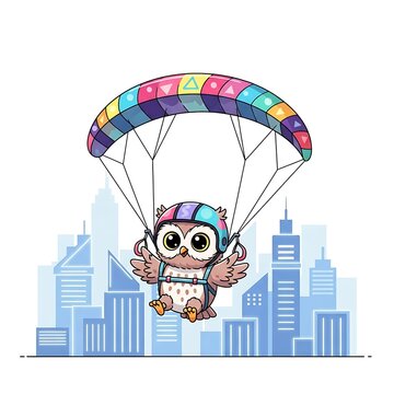 A cartoon owl with large eyes is skydiving over a cityscape, suspended beneath a colorful parachute. It wears a helmet and harness