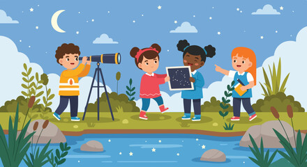 Four diverse children are enjoying a night of stargazing outdoors by a pond, with one boy using a telescope while others study a star map.