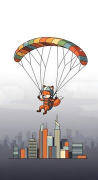 A cartoon fox wearing a helmet and backpack is paragliding above a city skyline with colorful skyscrapers
