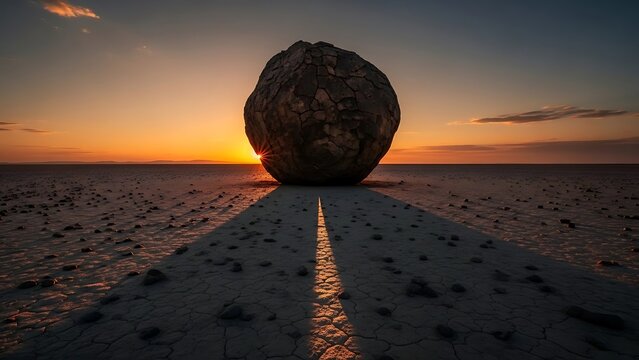 A large boulder sits atop a road in a vast desert landscape during a breathtaking sunset with a clear sky and scattered clouds