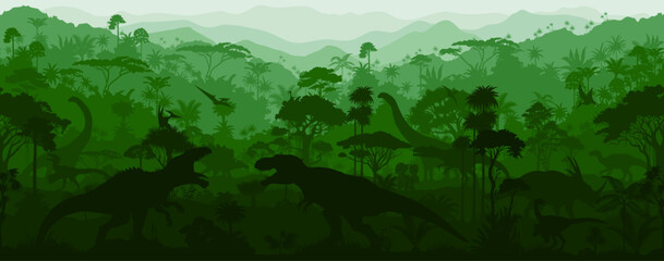 green Seamless vector tropical forest with Giganotosaurus, Stegosaurus, Tyrannosaurus, Gallimimus, Neovenator, styracosaurus, iguanodon, pyroraptor, Patagotitan, Brachiosaurus and pterodactyl © Save Jungle